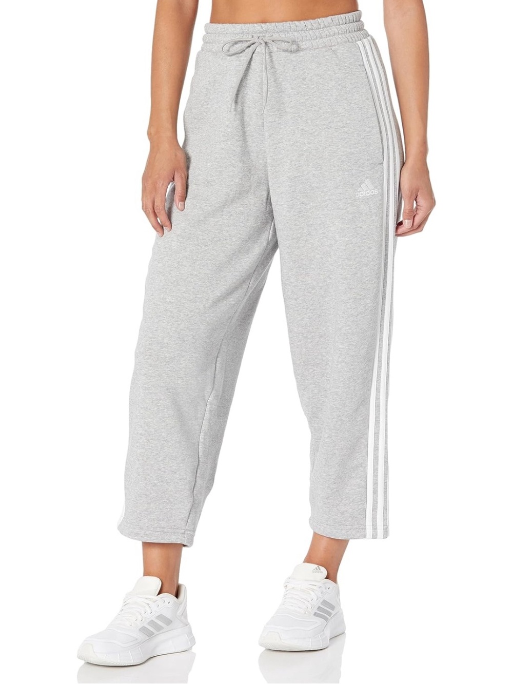 adidas Women's Essentials 3-Stripes Open Hem Fleece Pants Heather Grey Size XL